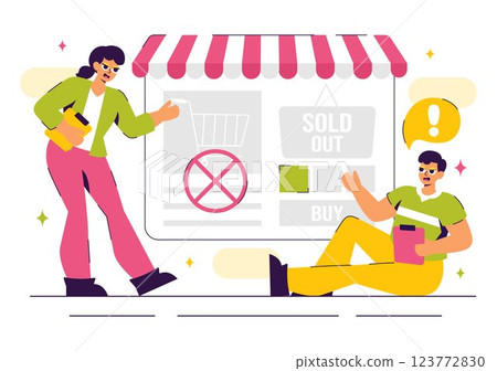Sold Out Vector Illustration featuring a Shopping Message or Special Offer Indicating Product Unavailability in a Flat Style Cartoon Background Sold Out Vector Illustration featuring a Shopping Message or Special Offer Indicating Product Unavailability in a Flat Style Cartoon Background 123772830