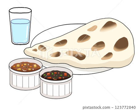 Naan and curry illustration set (with cold drink) Naan and curry illustration set (with cold drink) 123772840