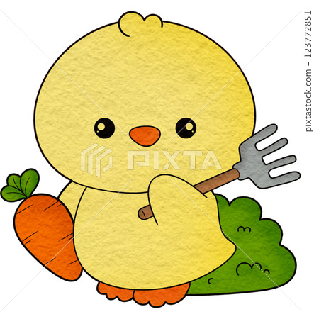 Chicken holding a rake and carrots 123772851