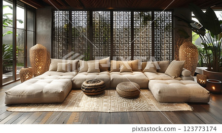 Biophilic living room with greenery, soft curves, and wood decor 123773174