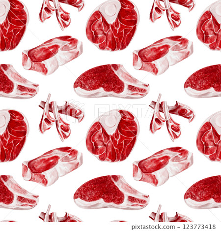 Raw fresh meat of beef, pork, lamb and horse meat. Seamless pattern with different types of meat. Meat on the bone and fillet. Watercolor illustration isolated from background.  123773418
