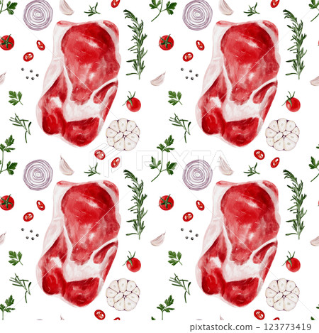 Seamless pattern with meat and spices. Everything for cooking steak. Watercolor illustration isolated from the background. Hand drawing. Vegetables and spices for food. Juicy raw piece of meat.  123773419