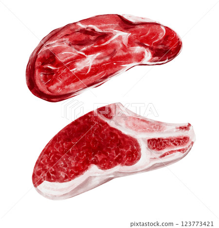 Meat steaks from beef, pork and lamb. Raw red meat. Watercolor illustration isolated from the background. Set with raw meat for barbecue. Menu, assortment, advertising, meat department in the store.  123773421