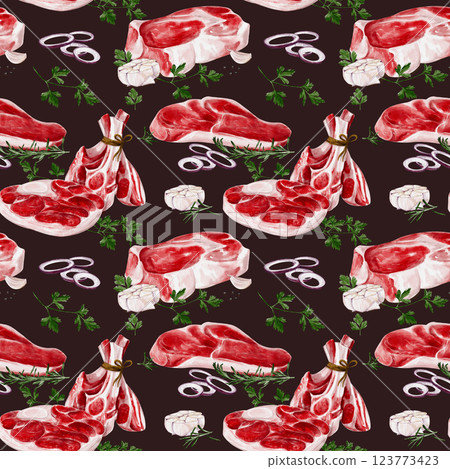 Seamless pattern with meat and spices. Beef and lamb with steaks and ribs. spices and onions with herbs. Pattern for kitchen and grocery store. Butcher shop and decor. Raw fresh meat. Seamless pattern with meat and spices. Beef and lamb with steaks and ribs. spices and onions with herbs. Pattern for kitchen and grocery store. Butcher shop and decor. Raw fresh meat. 123773423