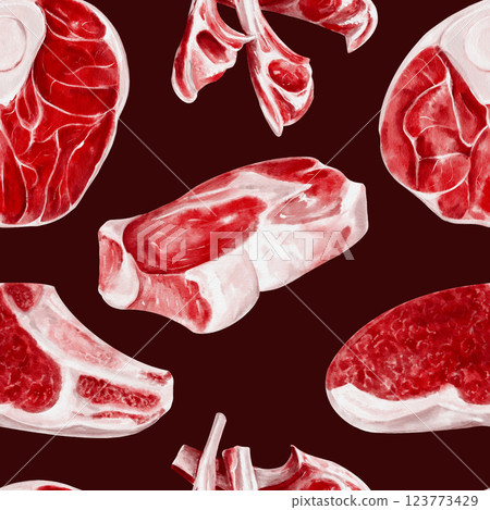 Raw fresh meat of beef, pork, lamb and horse meat. Seamless pattern with different types of meat. Meat on the bone and fillet. Watercolor illustration isolated from background.  123773429