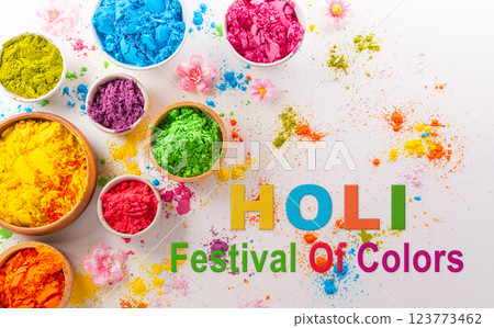 Happy Holi decoration, the indian festival.Top view of colorful holi powder on white background. 123773462