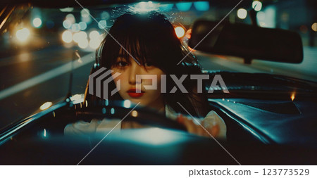 Portrait of an Asian woman driving in the city at night 123773529