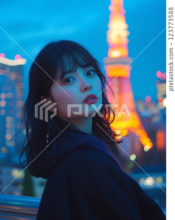 夜晚的亞洲女性肖像，背景為東京鐵塔 123773588