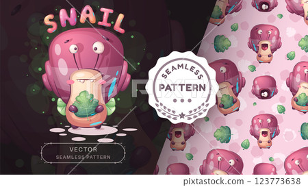 Seamless pattern cartoon character adorable snail, pretty animal idea for print t-shirt, poster and kids envelope, postcard. Cute hand drawn style snail. 123773638