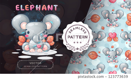 Seamless pattern cartoon character adorable elephant with heart, pretty animal idea for print t-shirt, poster and kids envelope, postcard. Cute hand drawn style elephant 123773639