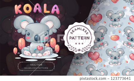 Seamless pattern cartoon character adorable koala with heart, pretty animal idea for print t-shirt, poster and kids envelope, postcard. Cute hand drawn style koala Seamless pattern cartoon character adorable koala with heart, pretty animal idea for print t-shirt, poster and kids envelope, postcard. Cute hand drawn style koala 123773641