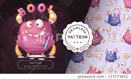 Seamless pattern cartoon character adorable monster, pretty boo idea for print t-shirt, poster and kids envelope, postcard. Cute hand drawn style monster Seamless pattern cartoon character adorable monster, pretty boo idea for print t-shirt, poster and kids envelope, postcard. Cute hand drawn style monster 123773642