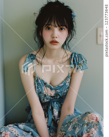 身穿藍色連身裙的亞洲女性的自然肖像 123773648