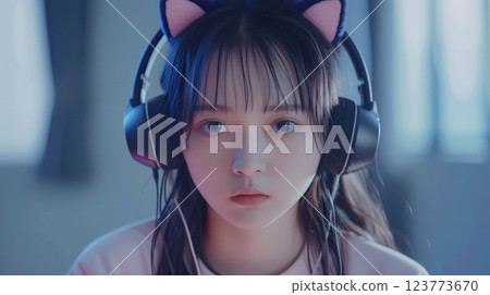 戴著貓耳耳機、時尚感獨特的亞洲女性 123773670