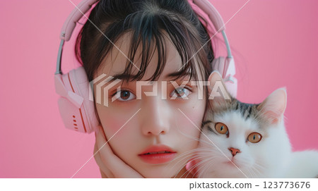 一位戴著耳機的亞洲女性和一隻貓的放鬆肖像 123773676