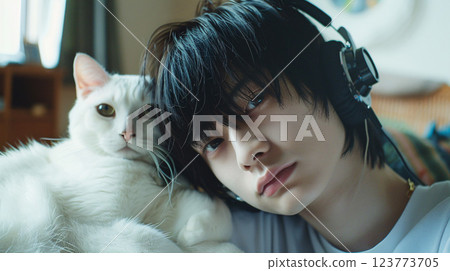一位亞洲男子與一隻貓的室內肖像 123773705