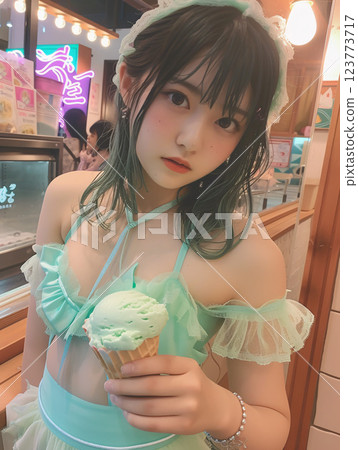 Portrait of an Asian woman holding ice cream 123773717