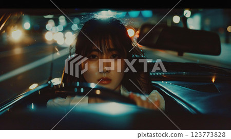 Portrait of an Asian woman driving in the city at night 123773828