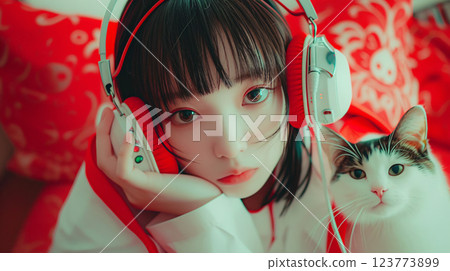 Relaxing portrait of an Asian woman wearing headphones and a cat 123773899