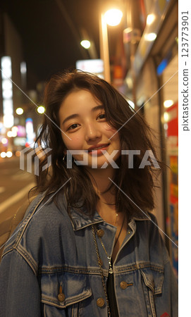 Portrait of an Asian woman photographed at night in a neon-lit street 123773901