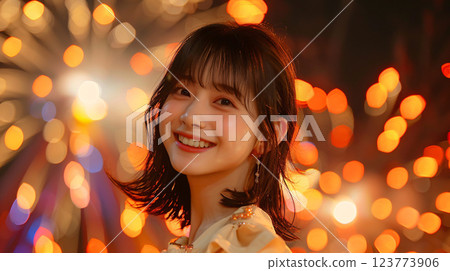Portrait of a young Asian woman with fireworks in the background 123773906