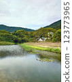 Lake in mountains with a tent nearby 123773965