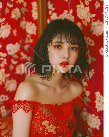 Elegant Asian woman in a red dress Elegant Asian woman in a red dress 123774153
