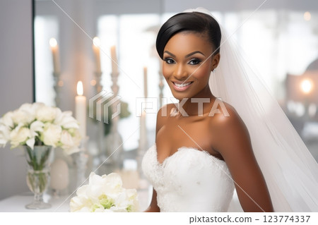 portrait of a young beautiful black bride in a beauty salon 123774337