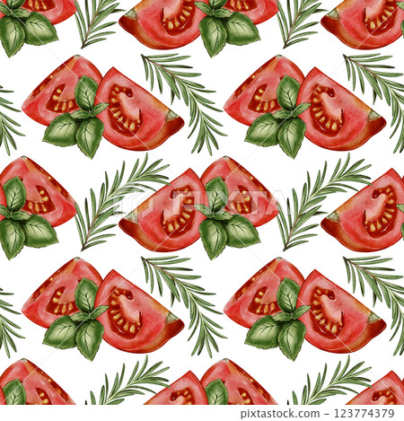 Seamless pattern with tomatoes, basil and rosemary Seamless pattern with tomatoes, basil and rosemary 123774379