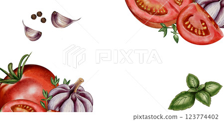 Watercolor banner, frame with tomatoes, garlic, and basil 123774402