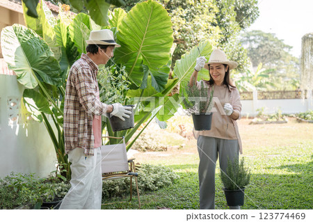Diverse couple gardening together in a sunny backyard, nurturing plants. Diverse couple gardening together in a sunny backyard, nurturing plants. 123774469
