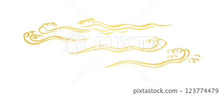 Japanese style line drawing gold illustration. Minimalistic thin delicate waves drawn by ink brush. Ocean or splashing water concept Japanese style line drawing gold illustration. Minimalistic thin delicate waves drawn by ink brush. Ocean or splashing water concept 123774479