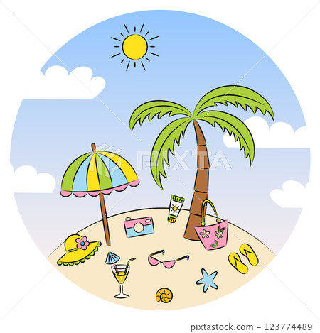 Summer card of palm tree with sun and leisure items against blue sky Summer card of palm tree with sun and leisure items against blue sky 123774489