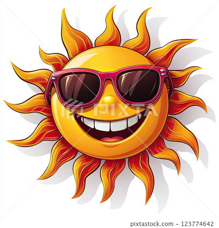 cheerful cartoon sun with sunglasses and big smile radiates joy cheerful cartoon sun with sunglasses and big smile radiates joy 123774642