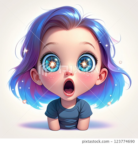 cartoon character with sparkling eyes and colorful hair expressing surprise 123774690