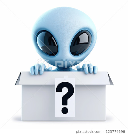 cartoon alien peeking out of box with question mark, curious and playful 123774696