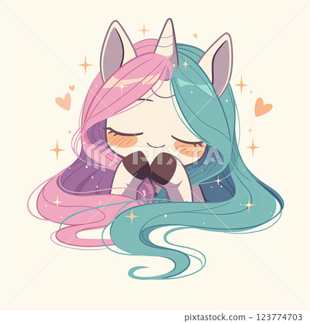 Cute cartoon unicorn with sparkling horn and colorful hair, smiling happily 123774703