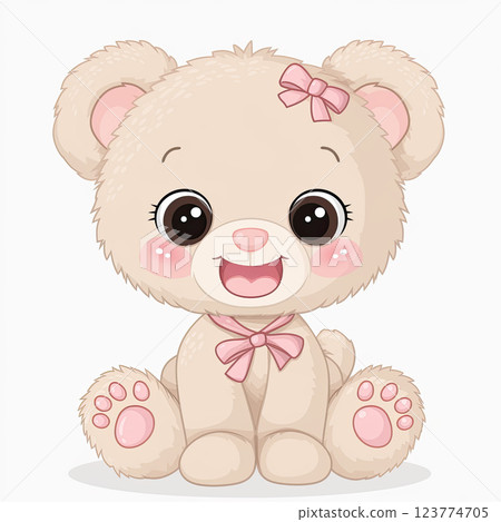 Cute cartoon teddy bear with pink bow, smiling happily and playful Cute cartoon teddy bear with pink bow, smiling happily and playful 123774705