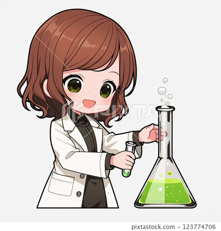 Cute cartoon scientist mixing colorful liquids in laboratory beaker Cute cartoon scientist mixing colorful liquids in laboratory beaker 123774706
