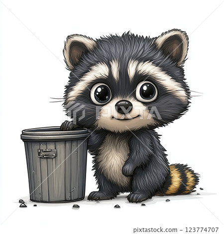 Cute cartoon raccoon with big eyes standing next to trash can Cute cartoon raccoon with big eyes standing next to trash can 123774707