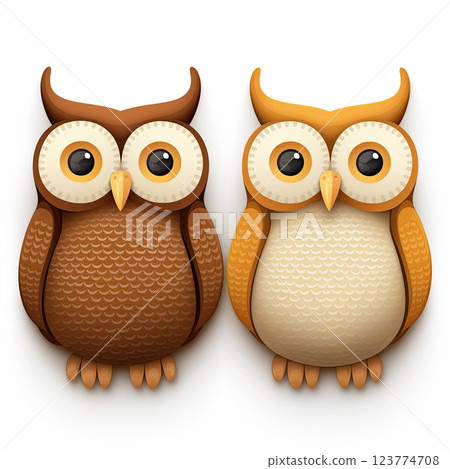 Cute cartoon owls with large eyes, one brown and one tan, looking wise Cute cartoon owls with large eyes, one brown and one tan, looking wise 123774708
