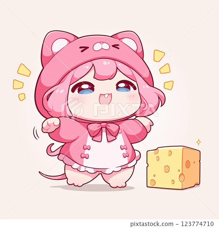 Cute cartoon mouse character in pink outfit, excited with cheese 123774710