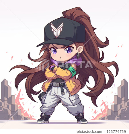 Chibi character with long hair, cap, and stylish outfit, exuding confidence 123774739