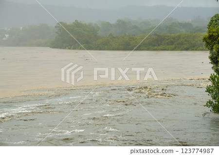 Local flood waters in Brisbane caused by Cyclone Alfred. 123774987