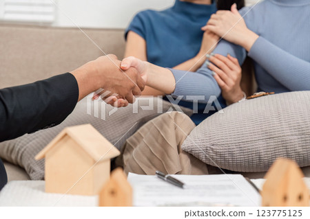 Real Estate Planning. Close-up of handshake and client engagement in property transaction discussions. Real Estate Planning. Close-up of handshake and client engagement in property transaction discussions. 123775125
