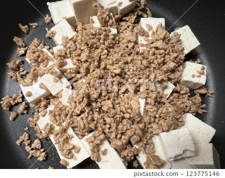 Diced firm tofu and minced soy meat scattered in a frying pan 123775146