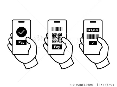 Line drawing illustration of a person holding a smartphone and making an electronic payment Line drawing illustration of a person holding a smartphone and making an electronic payment 123775294