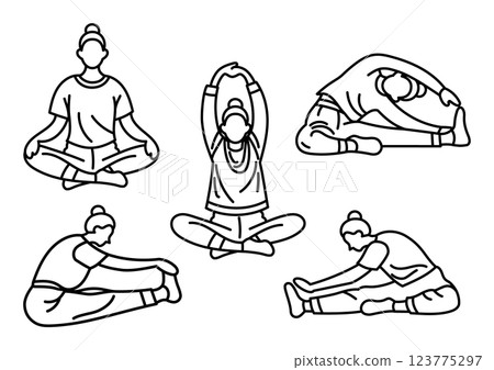 一位女士做瑜珈和伸展運動的黑白簡約插圖 123775297