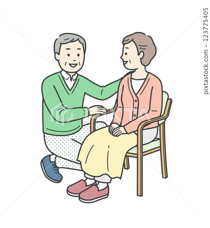 一位老年男士與一位坐在椅子上的老年女士交談的全身插圖 123775405