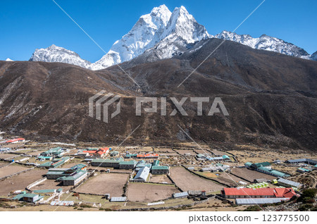 Beautiful view of Dingboche village (4,410 m) with Mt.Ama Dablam in the background. Beautiful view of Dingboche village (4,410 m) with Mt.Ama Dablam in the background. 123775500